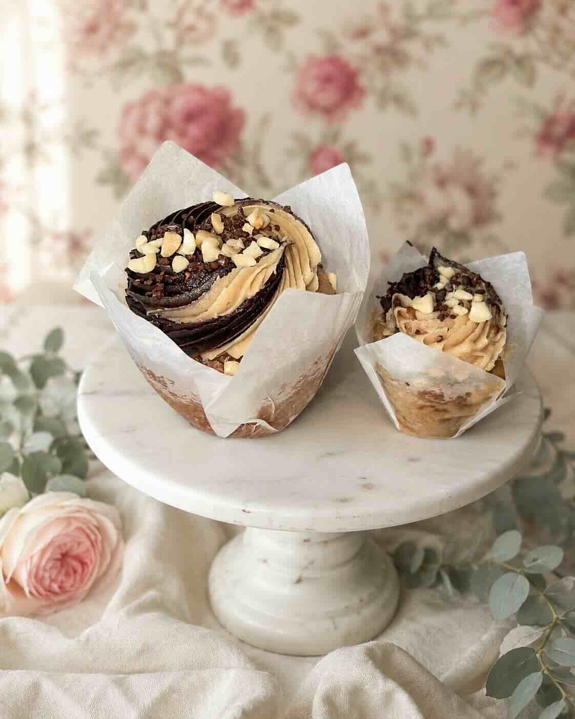 Peanut butter cupcake with chocolate peanut butter swirl icing